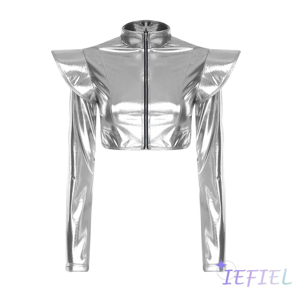Womens Metallic Disco Jazz dance Crop Jacket Long Sleeve Structured