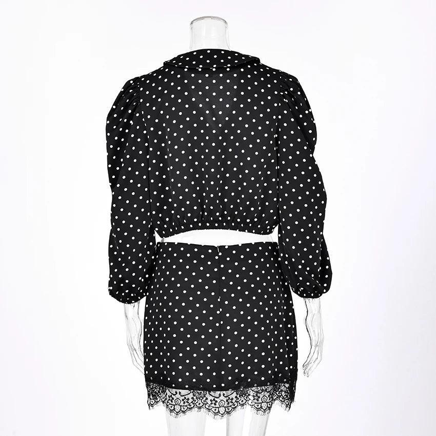 Linad Sexy Polka Dot Mini Lace Skirts Outfits 2026 Elegant V Neck Puff