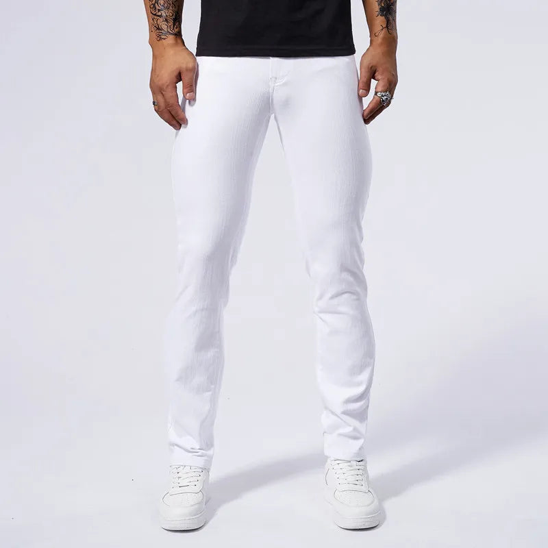 Summer new men's white casual versatile high elastic straight leg
