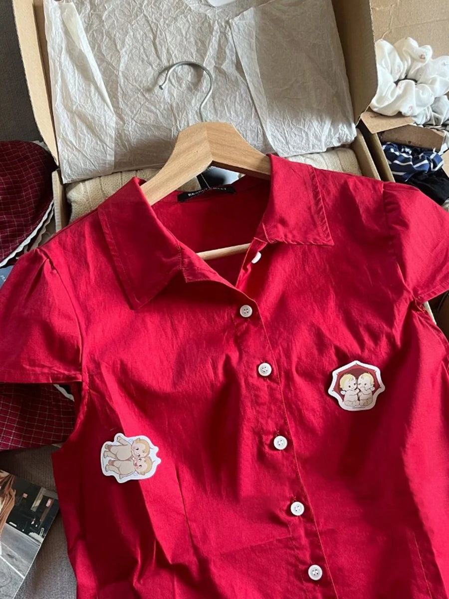 Red Basic Slim T-Shirt Blouse Woman Summer Turn Down Collar Single