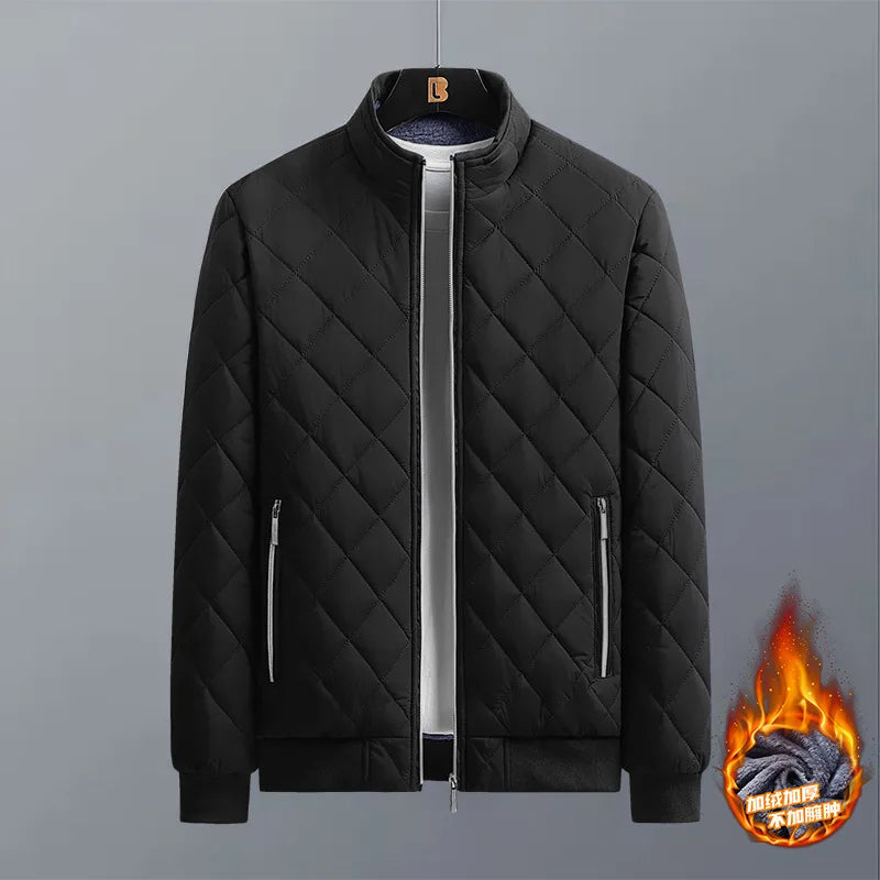 Autumn Winter Bomber Jacket Men Diamond Pattern Fleece Lined Casual
