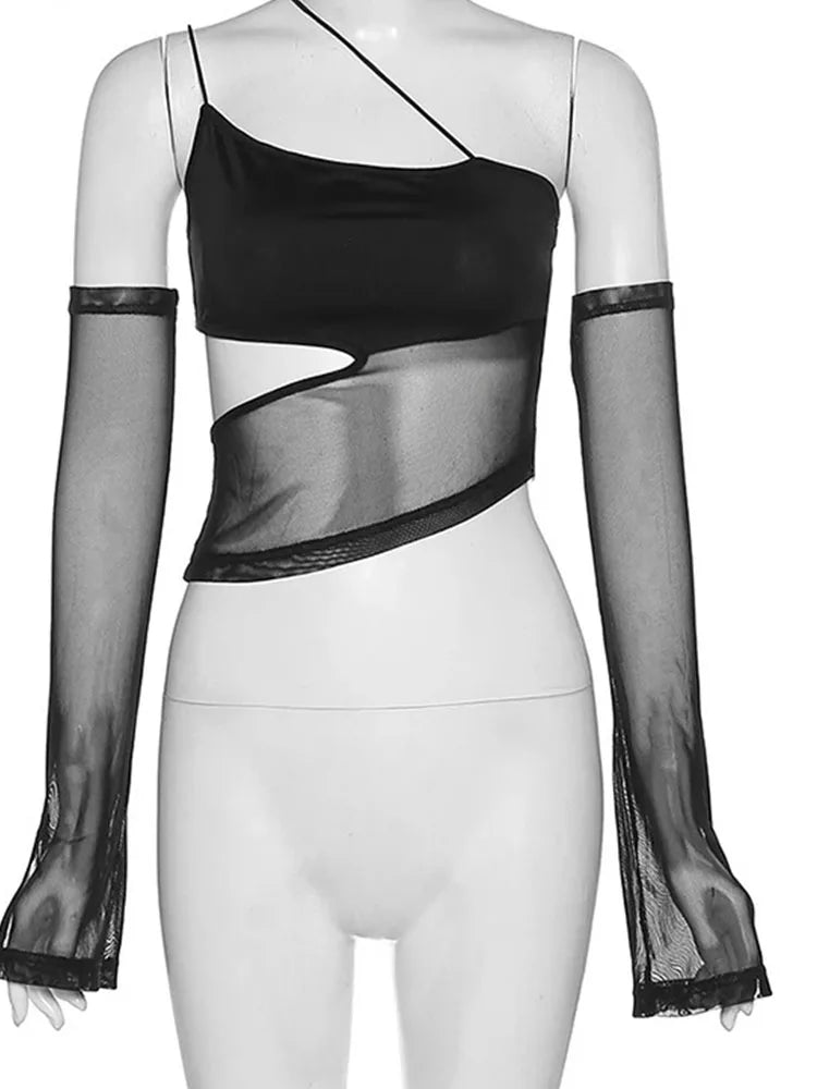 Asymmetrical Cut Out Mesh Crop Top with Sleeves Fairy Grunge  Clothes