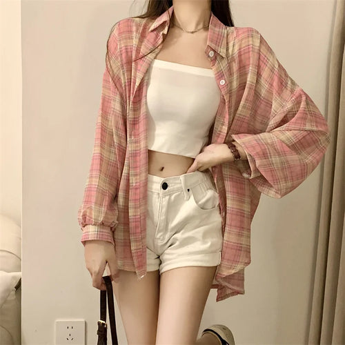 Tops Women Sheer Chiffon Plaid Shirt Long Sleeve Button Up Collared