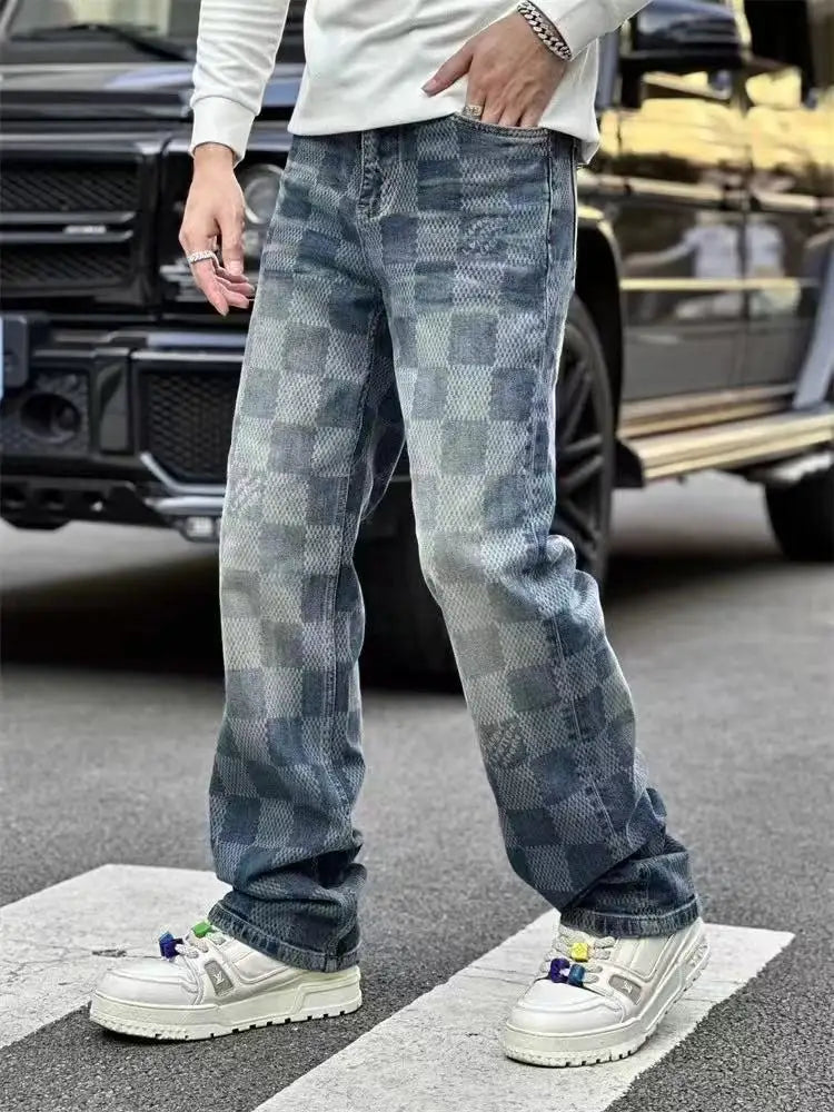 Trendy Street-Style Gradient Checkered Straight-Leg Jeans for Men,