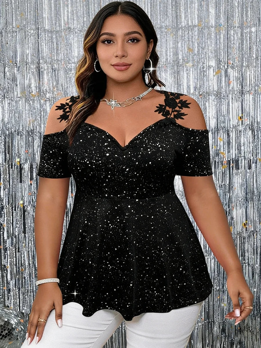 Plus Size Glitter Peplum Top Cold-Shoulder Stretchy Party Blouse Glam