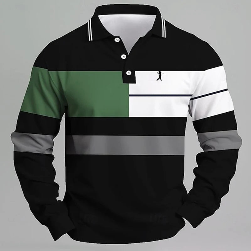 Logo Men's Long Sleeve Polo Shirt Color Block Striped Design Spring