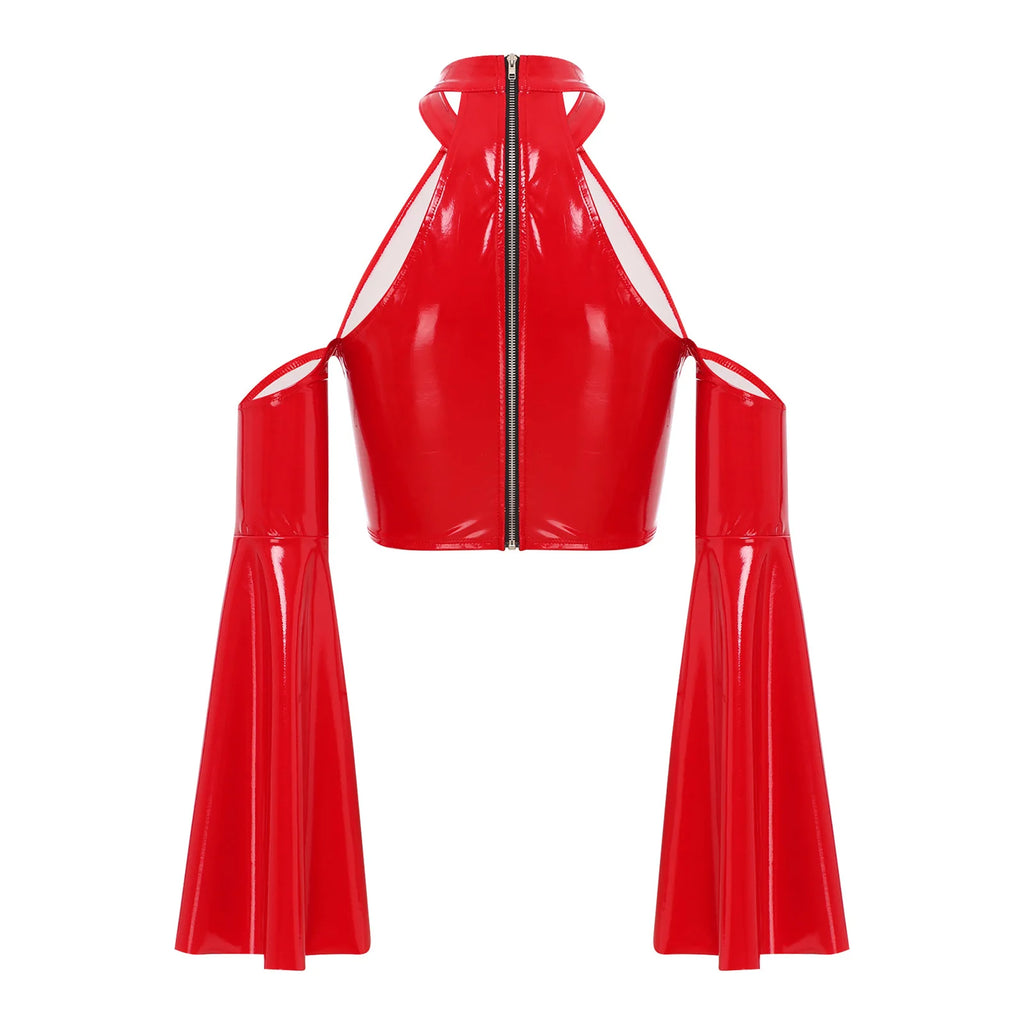 Womens Glossy Front Hollow Out Tops PU Leather Latex Crop Tops Halter