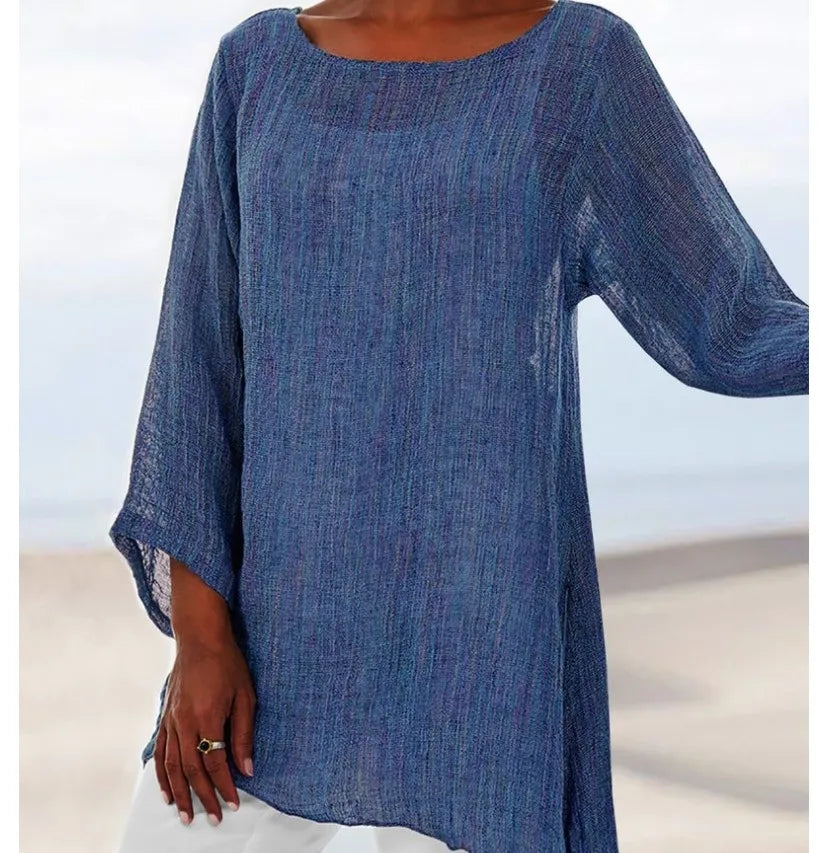 Hot Blouse Women Solid Color Cotton Linen O-Neck Long Sleeve Irregular