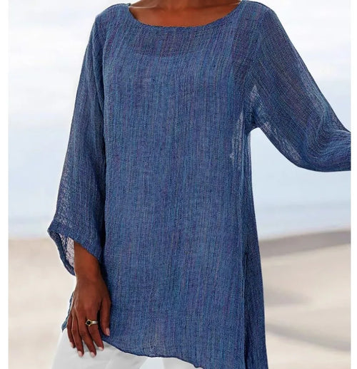Hot Blouse Women Solid Color Cotton Linen O-Neck Long Sleeve Irregular