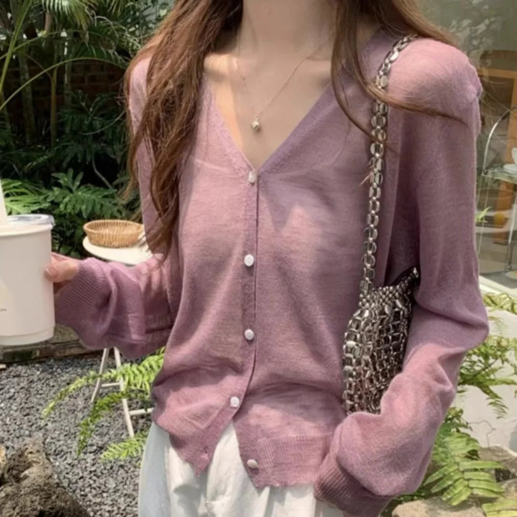 Button Down Knitted Cardigan for Women Long Sleeve V-neck Lightweight