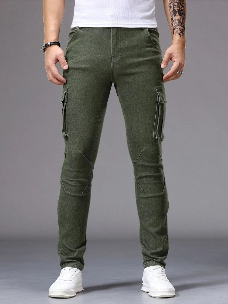 Men Elastic Streetwear Cargo Pants Jeans Wash Multi Pockets Y2k Mid