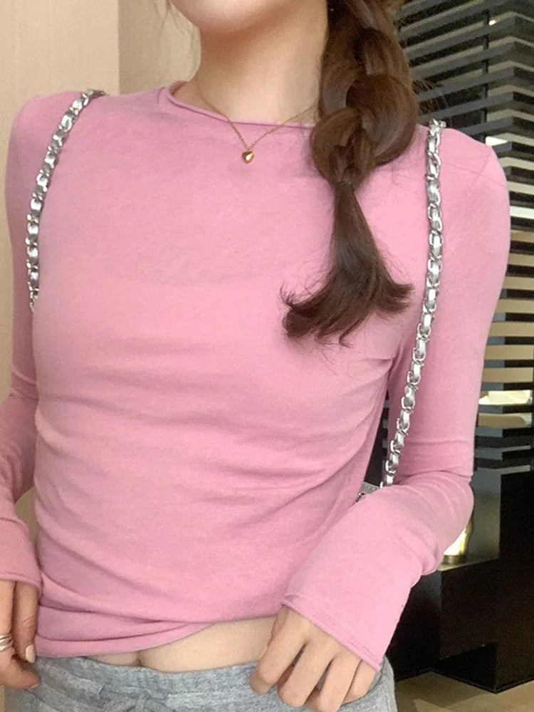 2024 Spring Autumn T shirt Women Tops Solid Slim Fit Long Sleeve O