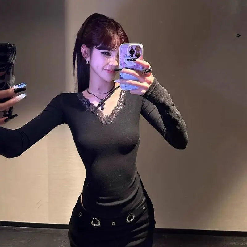Seeslim Black Sexy Back Hollow Out Women's T-shirt Goth Long Sleeve