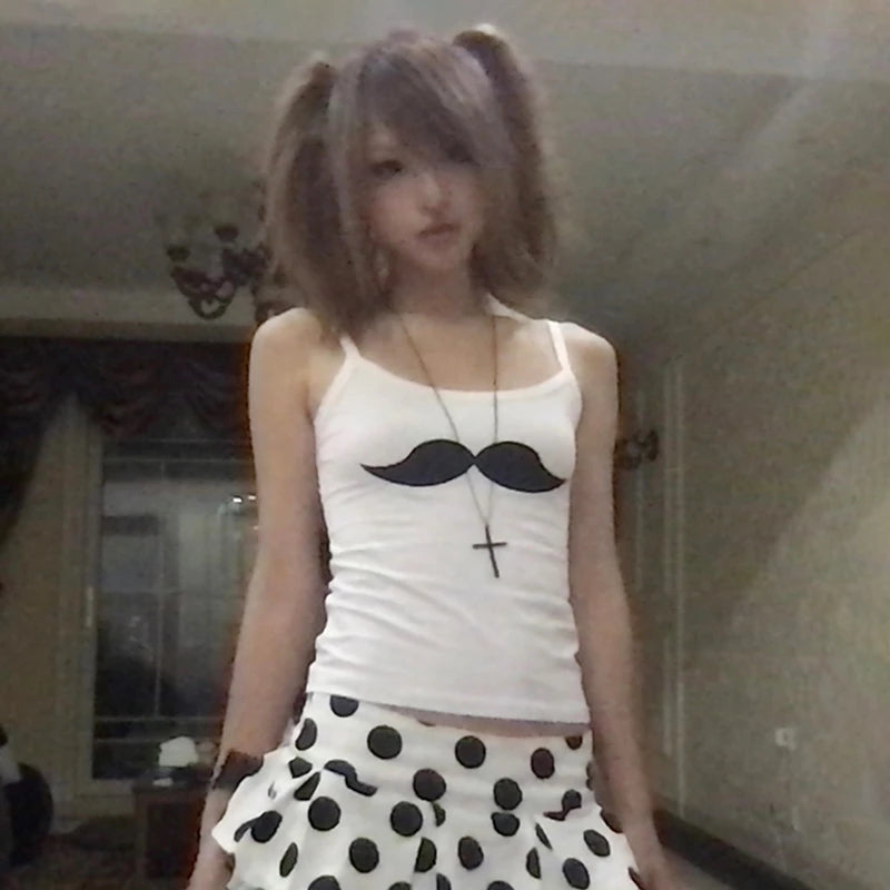Karrram Japanese Y2k Beard Print Tank Top Trashy 2000s Style White