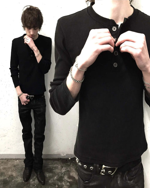 Japanese Vintage Black White Stripe Henley Long Sleeve T-shirt Unisex
