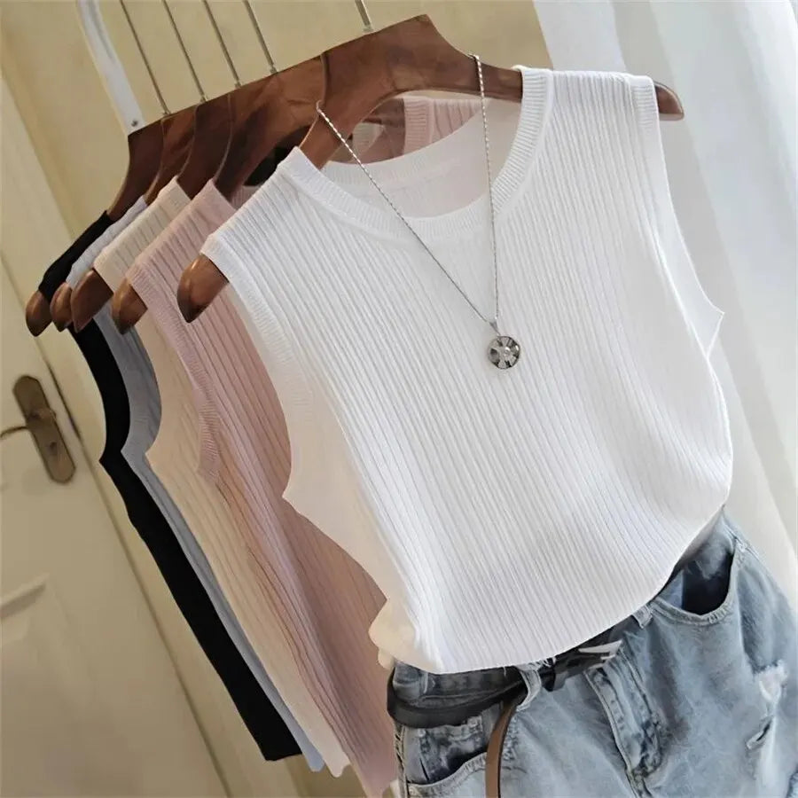 2024 Summer New Fashion Knitted Vests O-neck Sleeveless Casual Thin