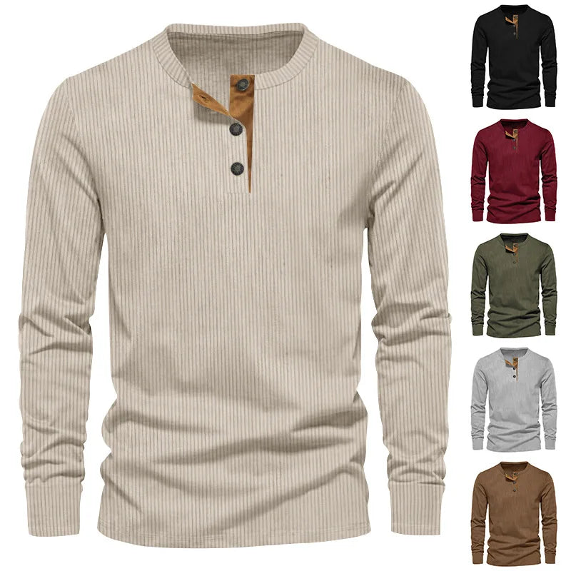 Spring and Autumn New Men's Long Sleeve T-shirt Corduroy Retro Casual