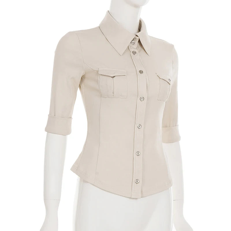 Half Sleeve Button Up Shirts for Woman Clothing Japanese 2000s Style