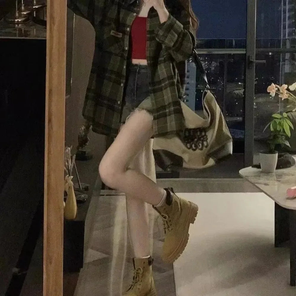 Vintage Dark Green Plaid Shirt Women Long Sleeve Oversized American