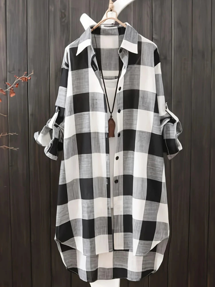 Plus Size Women's Blouses 2025 New Loose Vintage Stripe Plaid Shirt