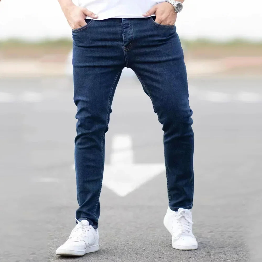 Spring Mens Black Blue Pants Pure Color Stretch Jeans Street Casual
