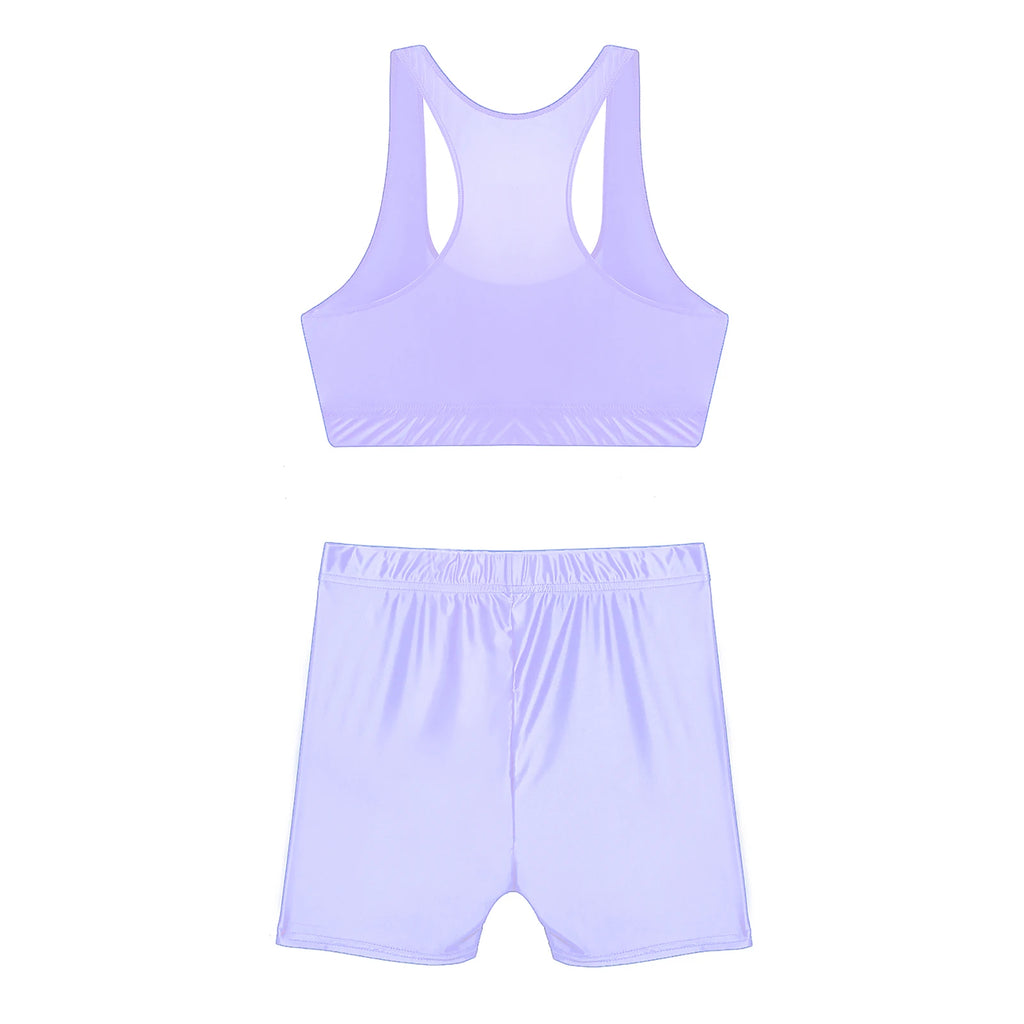 Womens Glossy Swimwear Sleeveless Tank Top with Mid Waist Shorts