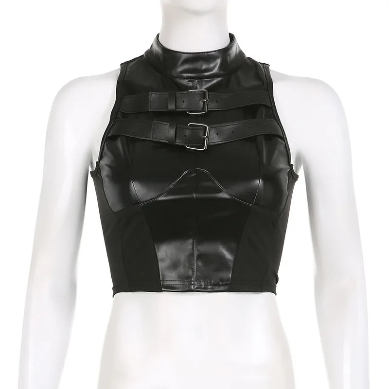 Streetwear Style Leather Mesh Splicing Half High Collar Belt Design
