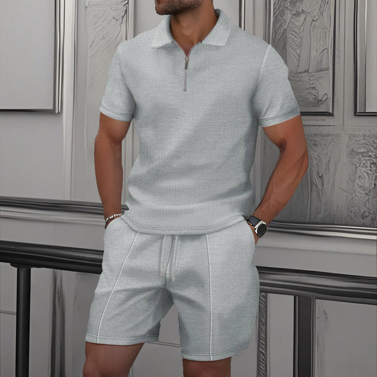 Men's Comfortable Short-Sleeved Waffle Polo Shirt And Shorts Set -