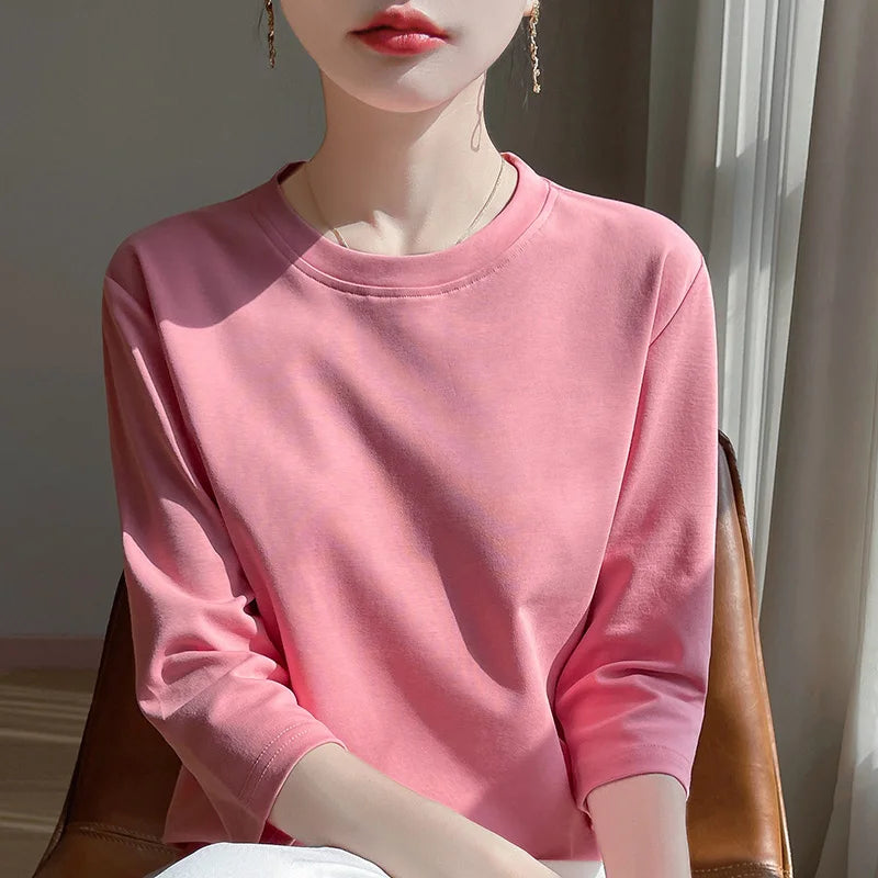 Summer Cotton Short-Sleeved T-Shirt Women's Round Neck Seven-Point