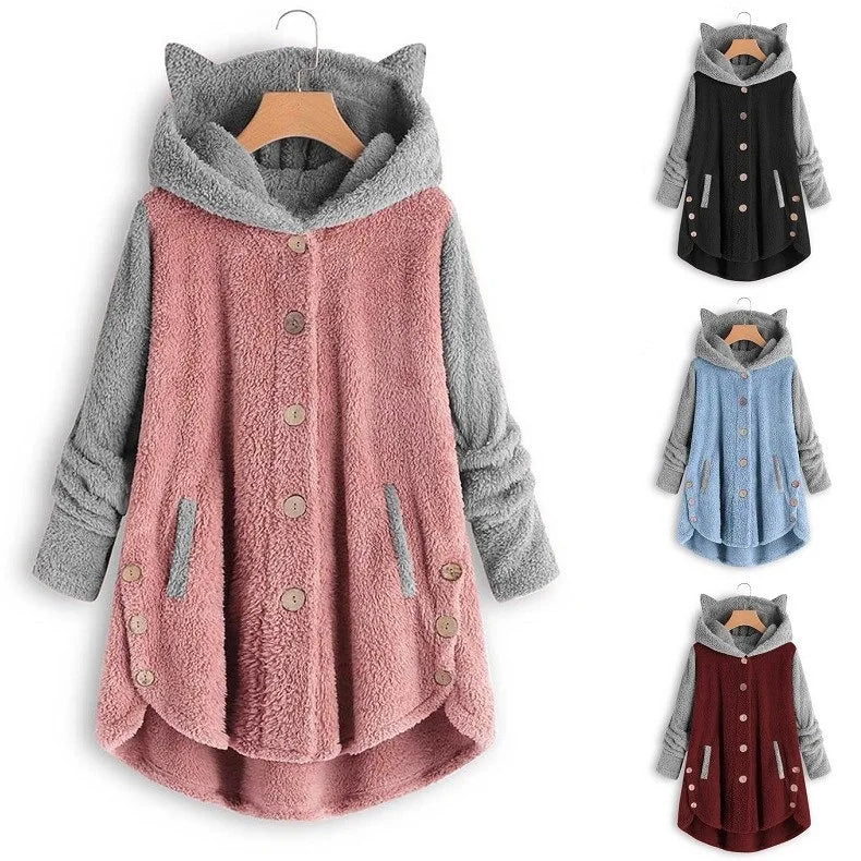 Cat Print Long Hoodies Sweatshirt Women Fleece Warm Button Pocket