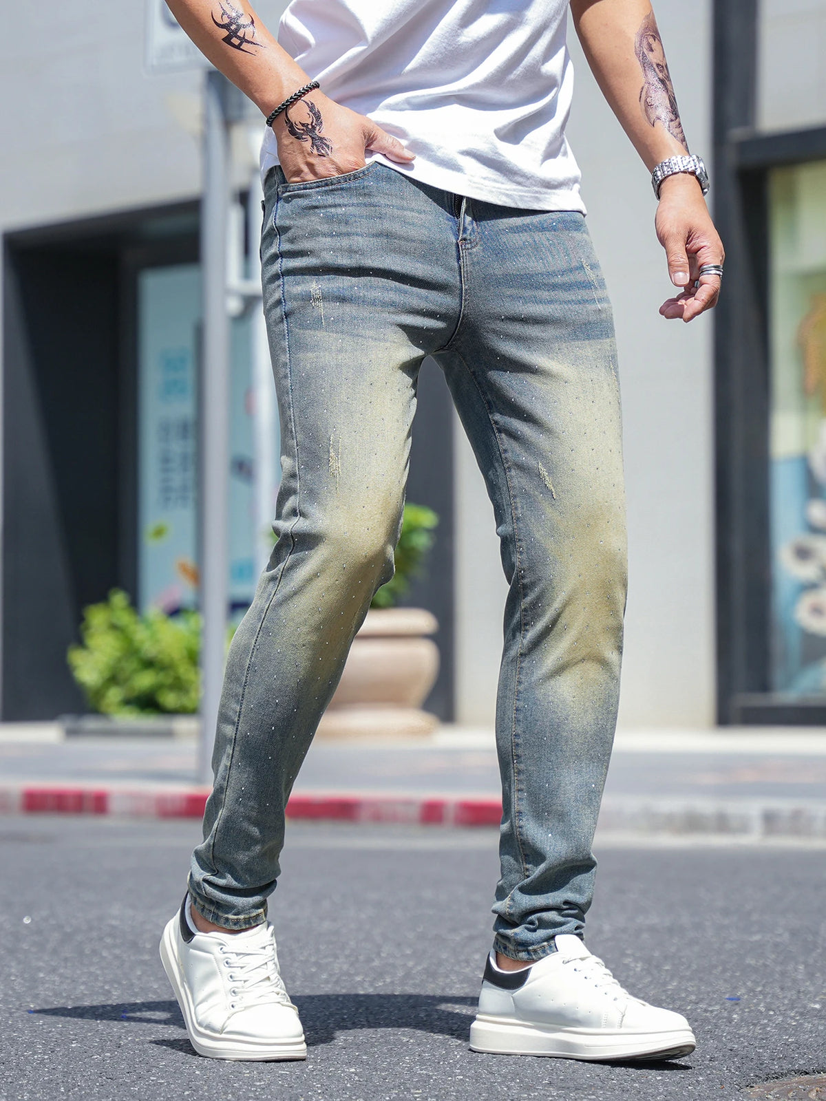 Men Pants Jeans Clothing Denim Trousers Spring Summer Rhinestone