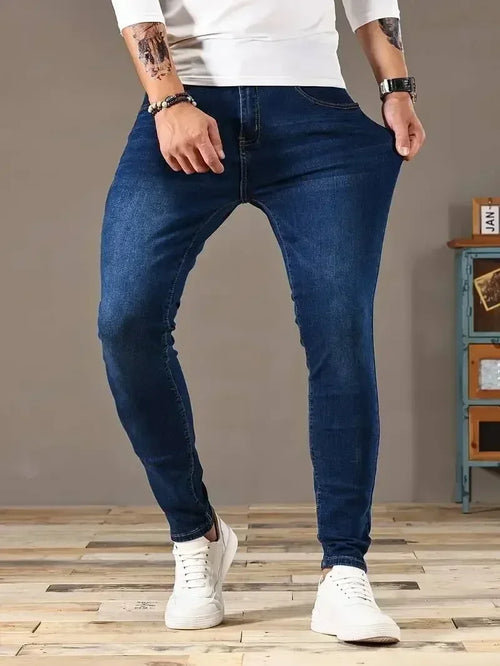 Mens Classic Style Pants Pure Color Stretch Jeans Street Casual Slim