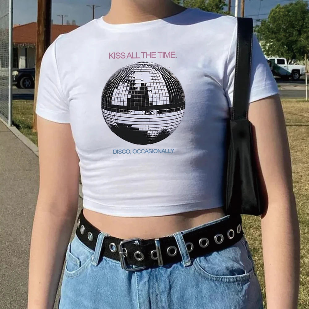 Kiss All The Time Disco Crop Top Disco Ball Shirt Concert Tee Music