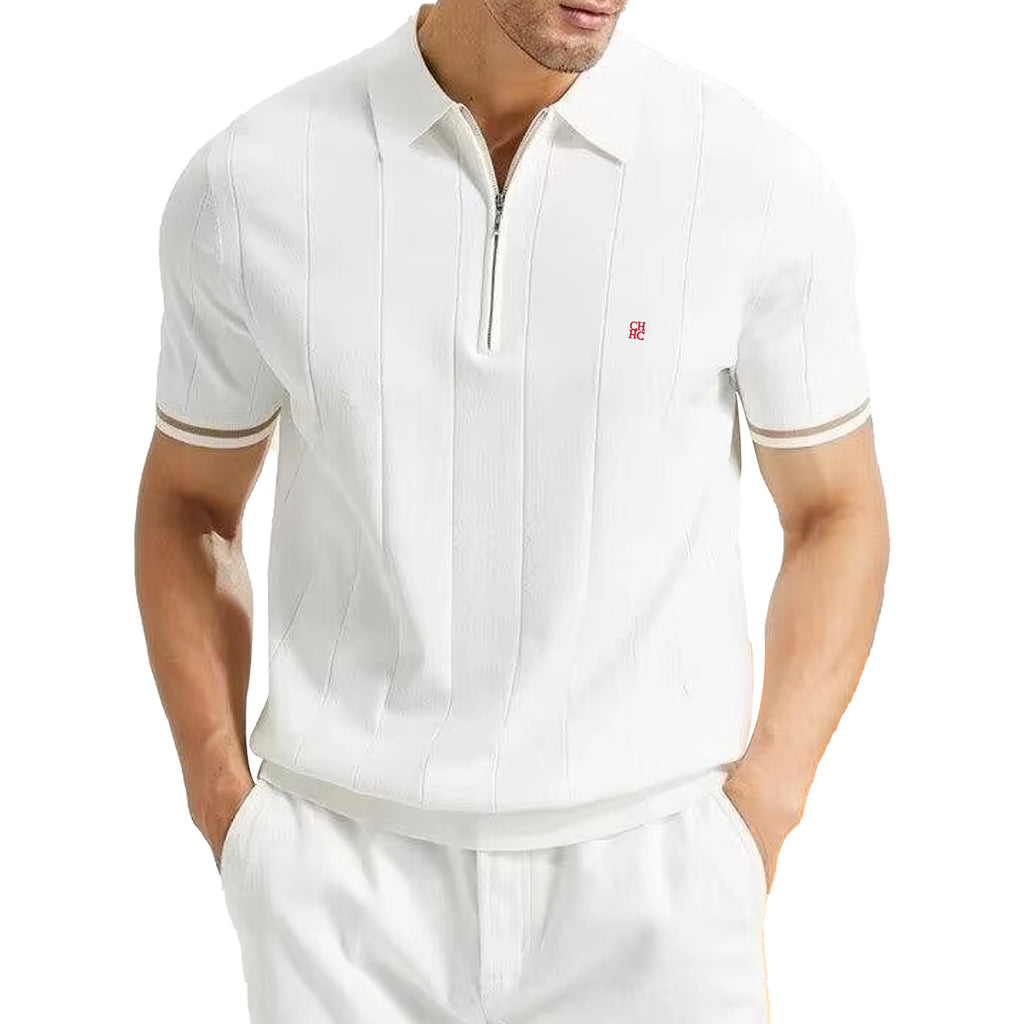 CH Men's Knitted Polo Shirt Half Zipper Lapel Short Sleeve Solid Color