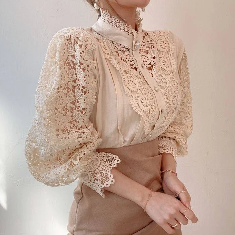 Vintage Solid White Lace Blouse Shirts Women New Korean Button Loose
