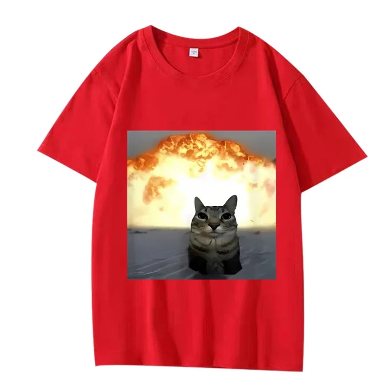 Whimsical Cat Explosion Graphic T Shirt Women Funny Short Sleeve