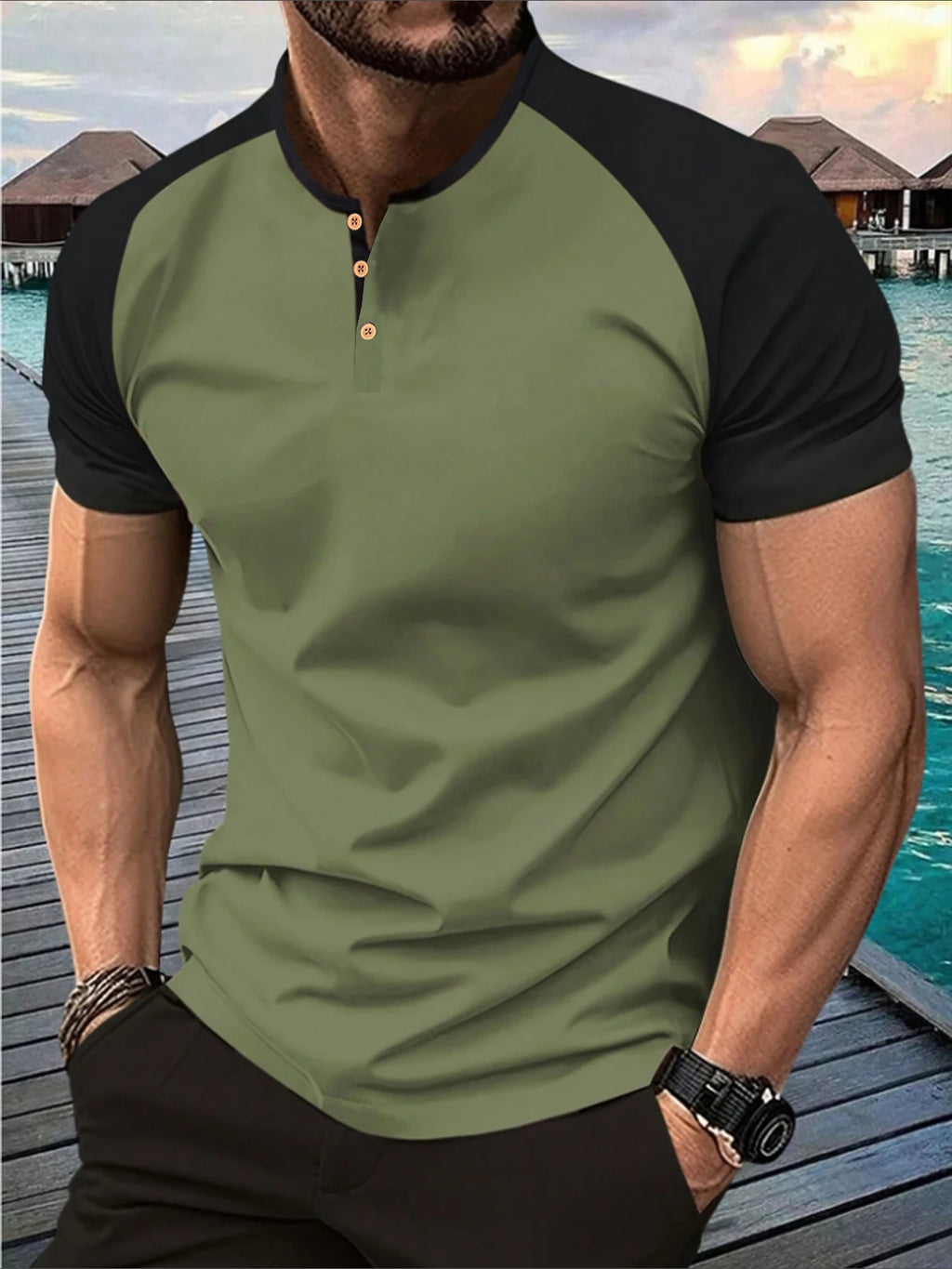 Men's Contrasting Color Henry Shirt T-shirt Summer Casual Raglan