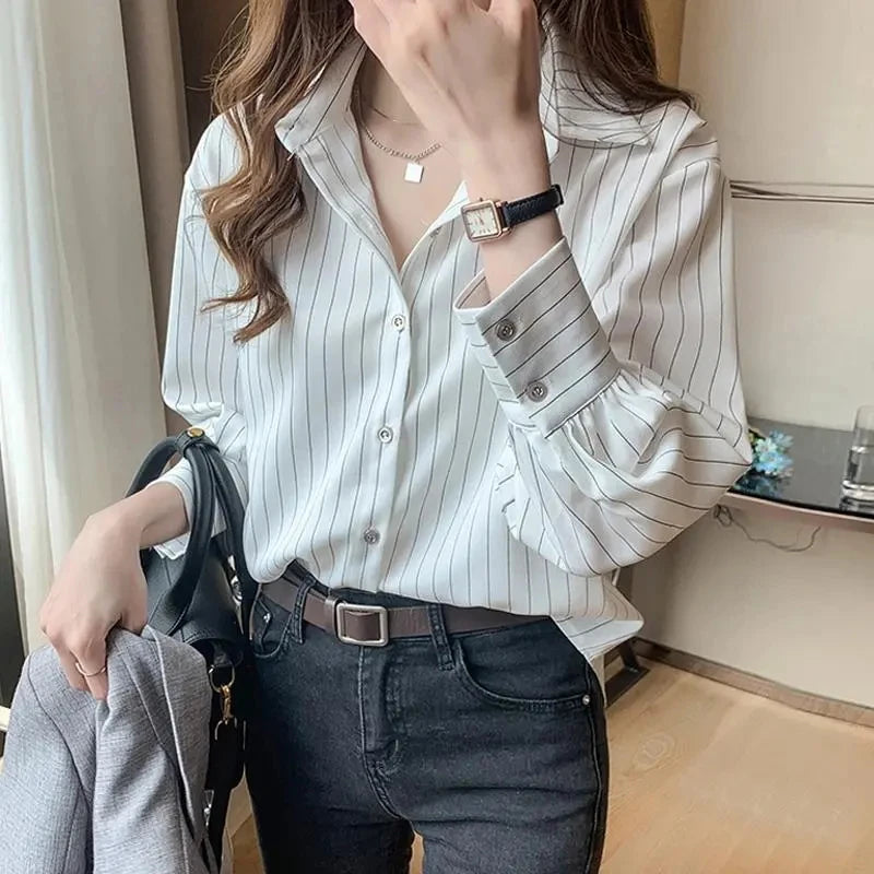 Striped Shirt Women Summer Vintage Chic Loose Long Sleeve Top Y2K