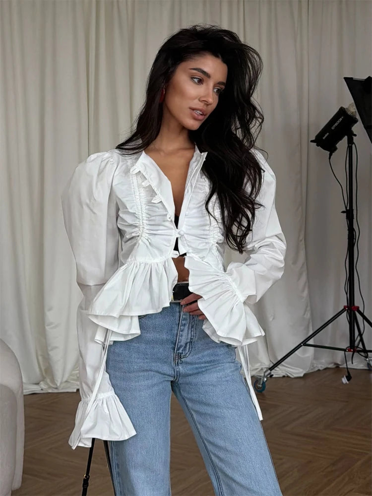 Women's Fashion Ruffle Hem Shirt Flare Sleeve Single Breasted Solid