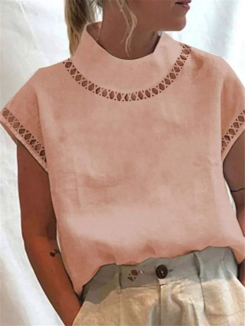 Women Turtleneck Hollow Out Splice Pullover Shirt Summer Solid Color