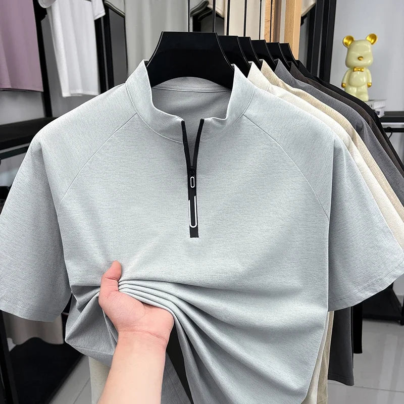 Men's Half Zip Short Sleeve T Shirt Stand Collar Breathable Fabric