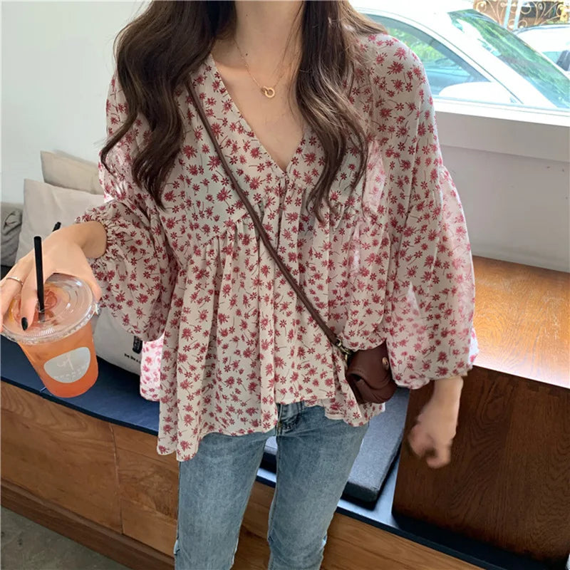 V-neck Chiffon Shirt Women Sweet Tops Blouse 2025 Spring Korean Floral