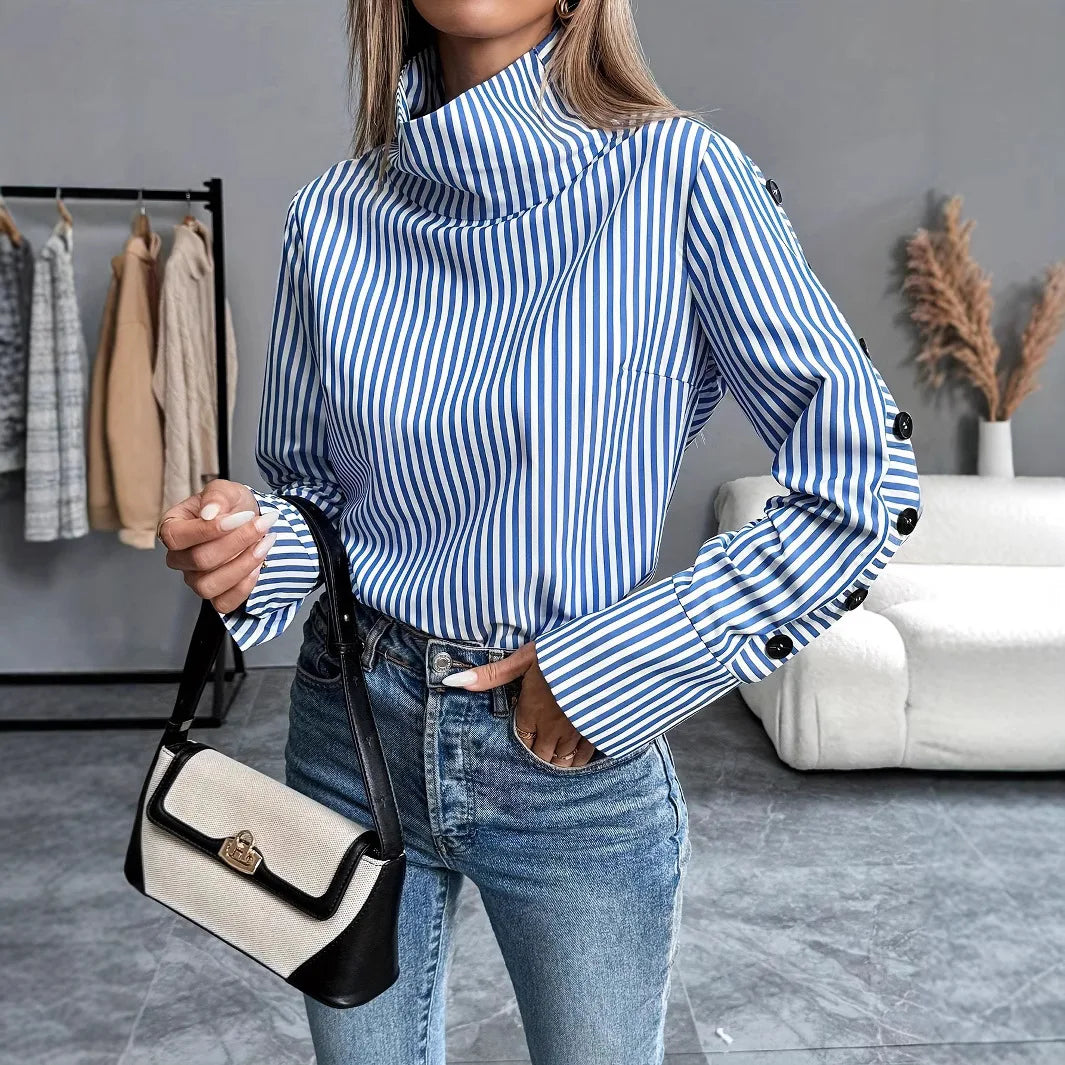 Spring Shirt New Stripe Long Sleeved Top For Women Elegant Office Lady
