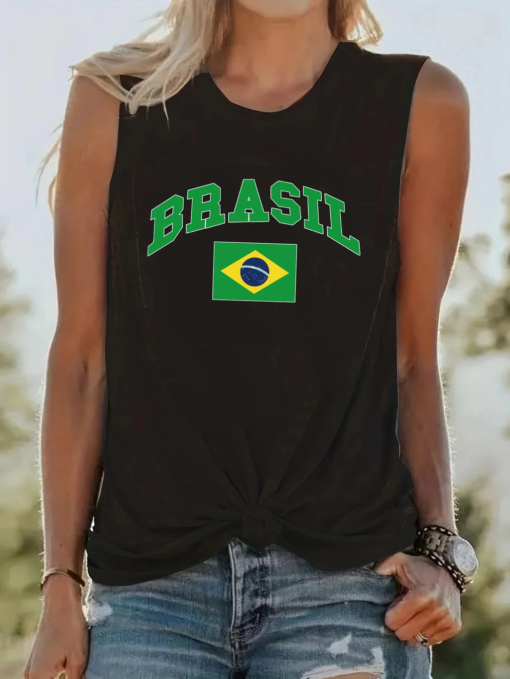 Women's Summer BRASIL Pattern Print Large Casual Round Neck Sleeveless
