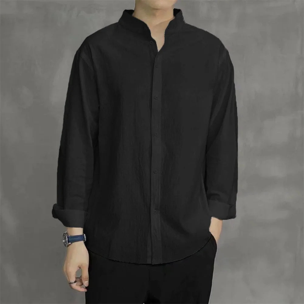 Spring Autumn Men's Shirt Long Sleeve Solid Color Cotton Linen Henley