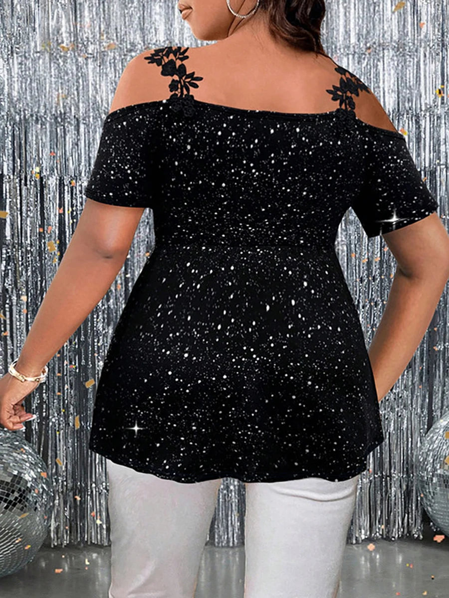 Plus Size Glitter Peplum Top Cold-Shoulder Stretchy Party Blouse Glam