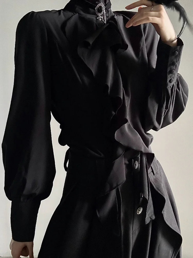 Harajuku Vintage Women Bottoming Shirt Stand Collar Ruffles Slim Fit
