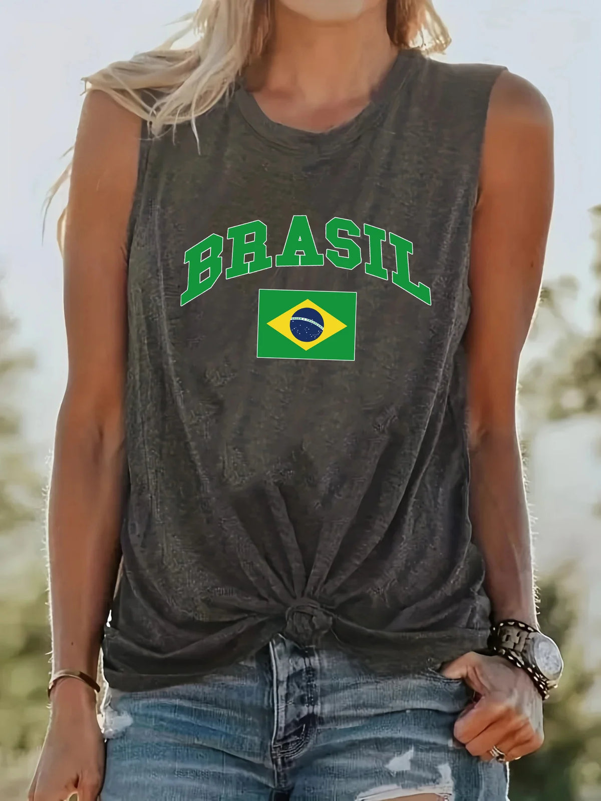 Women's Summer BRASIL Pattern Print Large Casual Round Neck Sleeveless