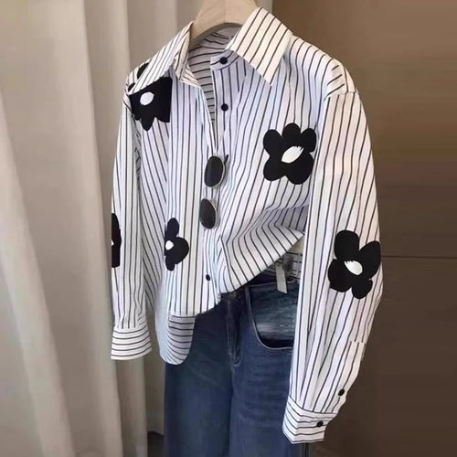 Turn-down Neck Flower Stripe Long Sleeved Loose Shirt And Blouse New