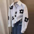 Turn-down Neck Flower Stripe Long Sleeved Loose Shirt And Blouse New